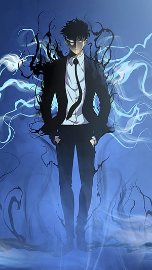 Light Yagami from Death Note standing in a suit with glowing blue eyes and dark energy aura HD phone wallpaper