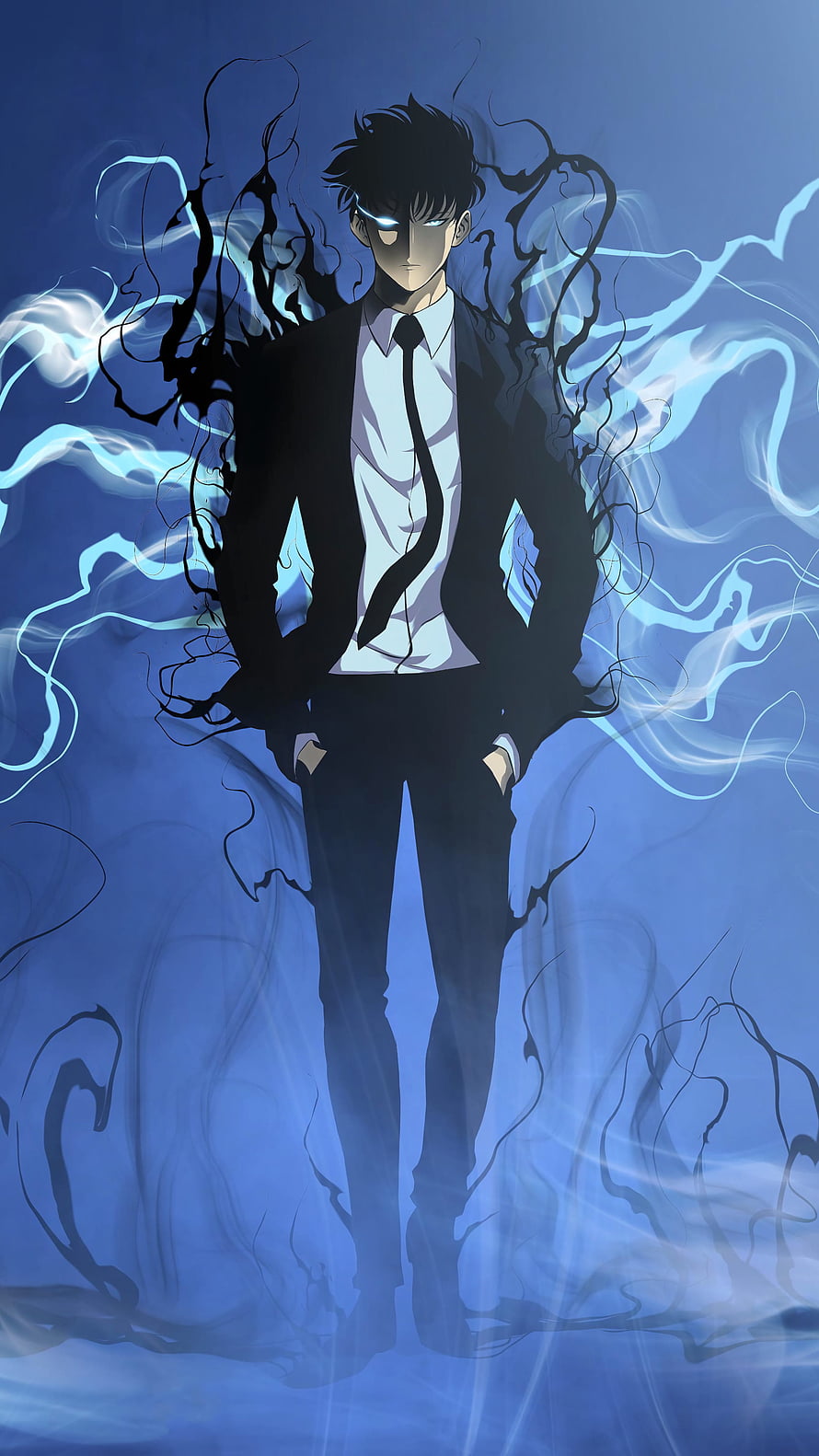 Light Yagami from Death Note standing in a suit with glowing blue eyes and dark energy aura HD phone wallpaper