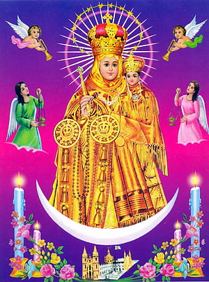 Our Lady of Fatima with Child Jesus on Crescent Moon and Angels HD phone wallpaper