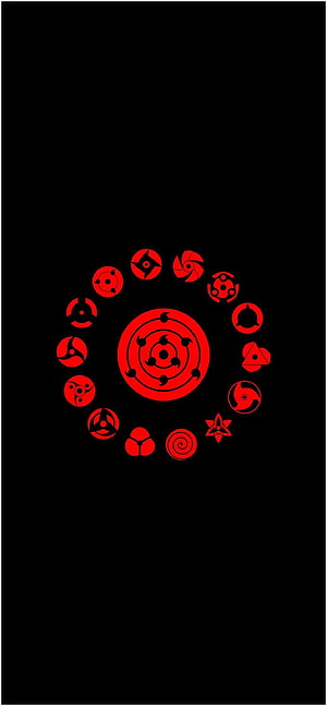 Naruto Uzumaki Clan Symbols Arranged in a Red Circular Pattern on Black Background HD phone wallpaper