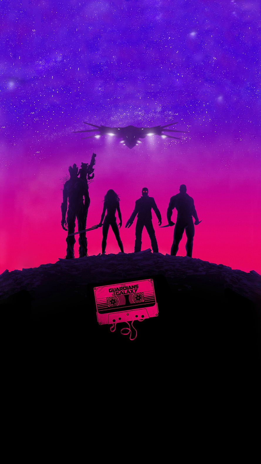 Guardians of the Galaxy Team Silhouette with Cassette Tape Against Purple Nebula HD phone wallpaper
