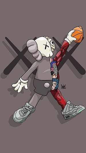 KAWS Companion Character Dribbling Basketball in Streetwear Sneakers HD phone wallpaper