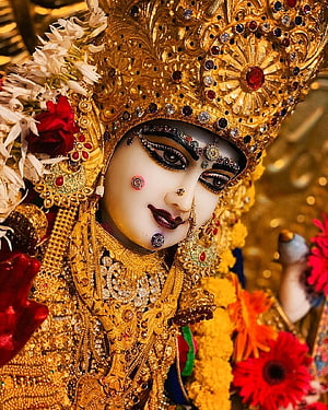 Close-up of ornate golden crown and jewelry on a Hindu deity statue adorned with flowers HD phone wallpaper