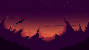 Minimalist Eagle Mountain Sunset Landscape with Bats and Stars HD wallpaper