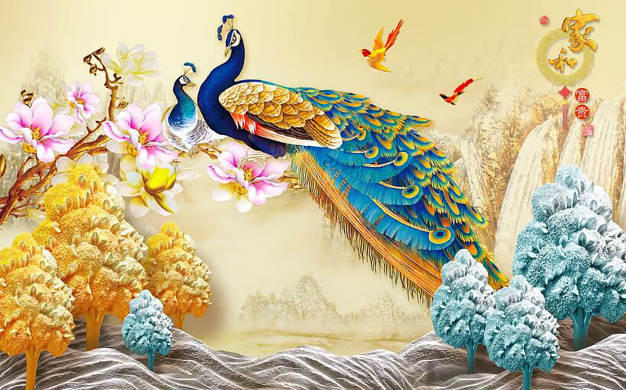 3D Digital Art of Peacock and Flowers in Traditional Chinese Style HD wallpaper