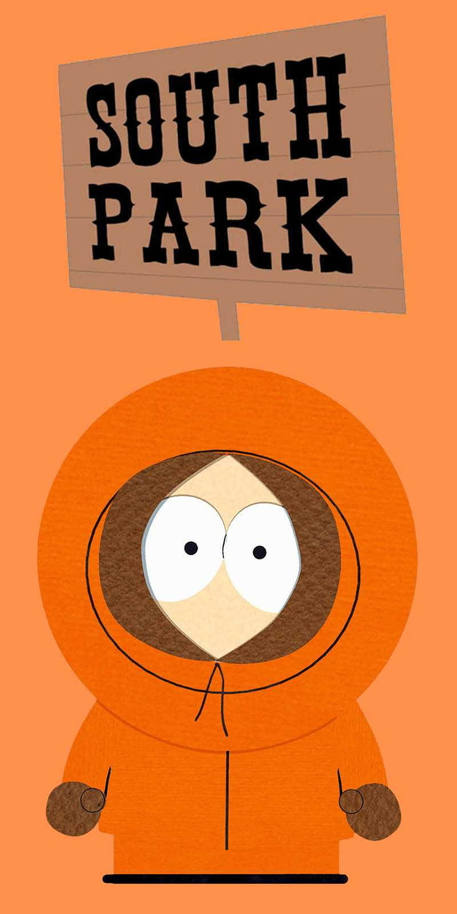 Kenny from South Park in Orange Parka Under Sign on Orange Background HD phone wallpaper