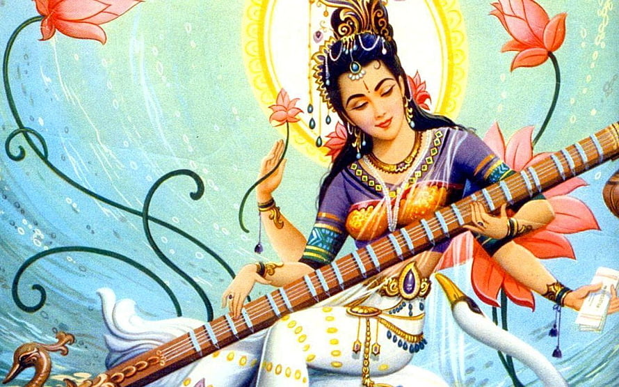 Saraswati Playing Veena Hindu Goddess of Knowledge and Music Illustration HD wallpaper