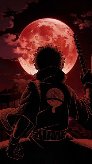 Obito Uchiha Silhouette Against a Blood Moon in Dark Anime Art HD phone wallpaper