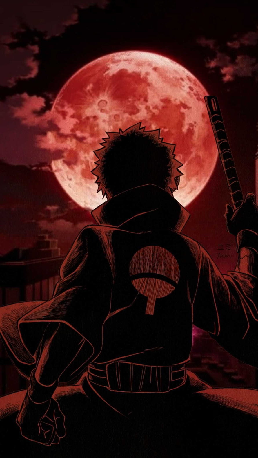 Obito Uchiha Silhouette Against a Blood Moon in Dark Anime Art HD phone wallpaper