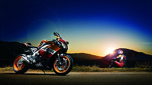 Kawasaki Ninja ZX-10R Repsol Livery Parked on Desert Road at Sunset HD wallpaper