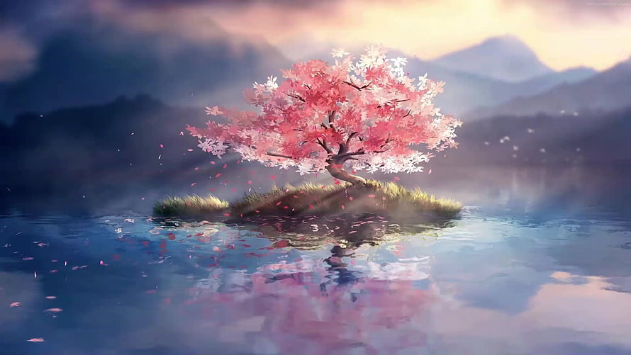 Serene Anime Cherry Blossom Tree on a Misty Island in a Calm Lake HD wallpaper