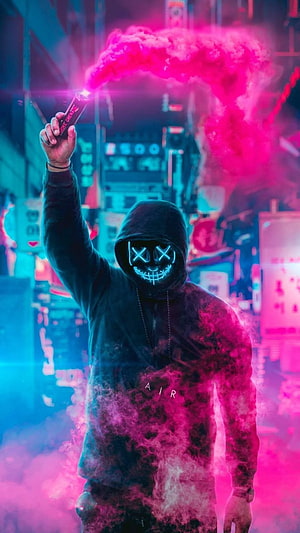 Hooded Figure With Glowing LED Mask Holding Pink Smoke Grenade In Neon Cyberpunk City HD phone wallpaper