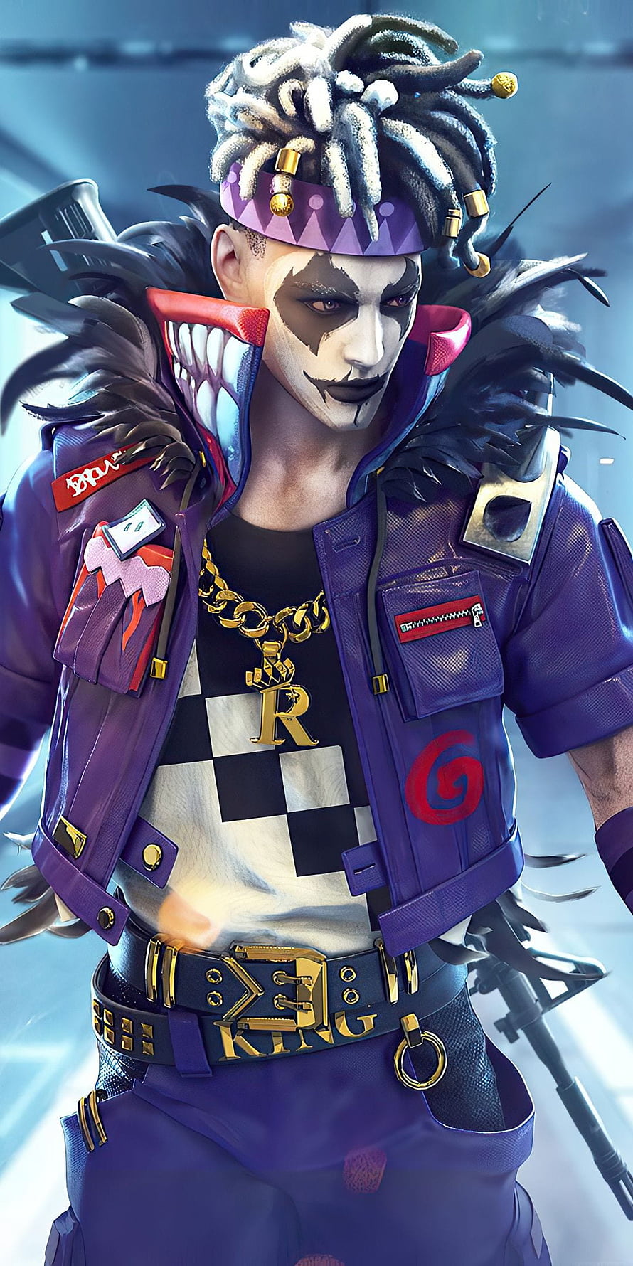 Joker Fire Character in Purple Jacket with Face Paint and Gold Chain HD phone wallpaper