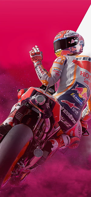 Marc Marquez Repsol Honda Racing Suit and Motorcycle on Vibrant Pink Background HD phone wallpaper