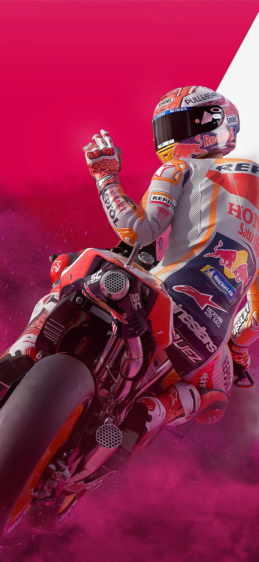 Marc Marquez Repsol Honda Racing Suit and Motorcycle on Vibrant Pink Background HD phone wallpaper