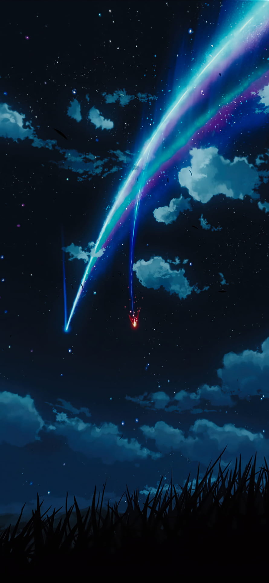 Anime Style Meteor Shower Over Starry Night Sky With Clouds And Grass HD phone wallpaper