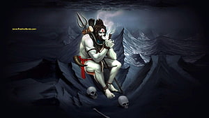 Lord Shiva Meditating on a Mountain Peak with Trishul and Skulls HD wallpaper