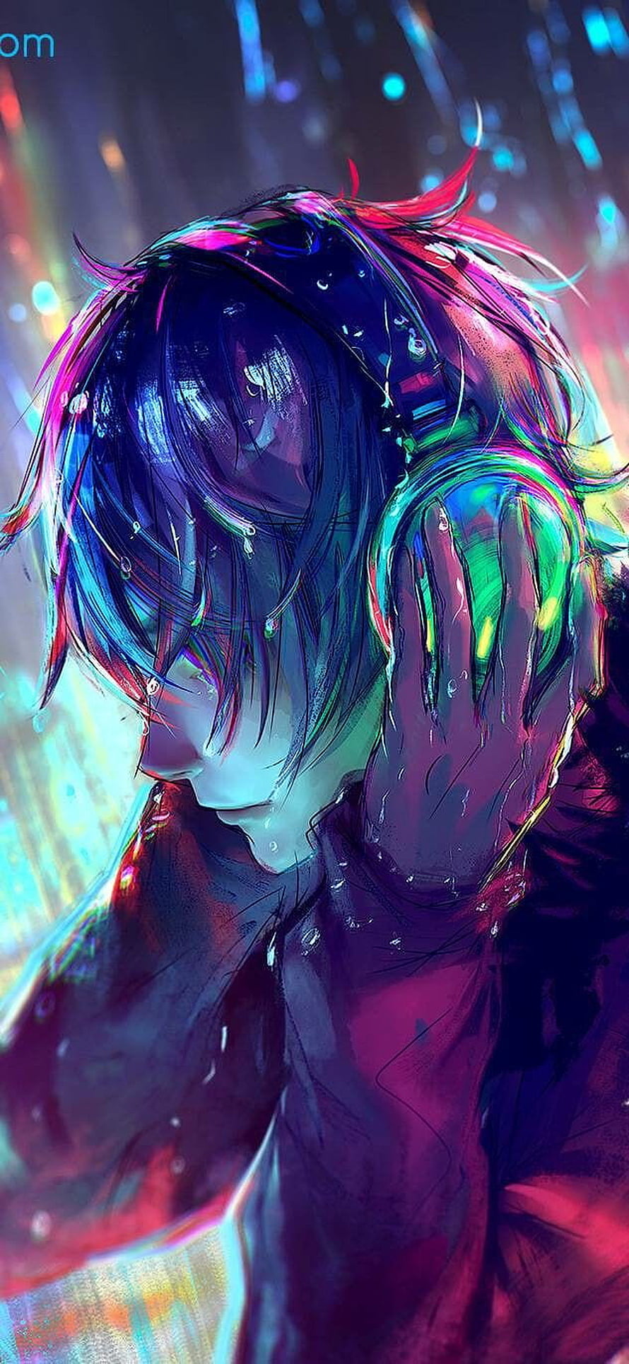 Moody Anime Boy With Headphones In Neon Rain HD phone wallpaper