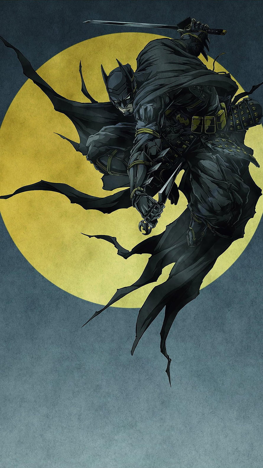 Batman Samurai Warrior with Katana Against Giant Yellow Moon Background, batman ninja mobile, #Batman Ninja HD phone wallpaper