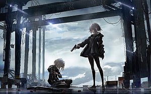 Anime Girl Holding Pistol Over Kneeling Figure in Rainy Industrial Setting HD wallpaper