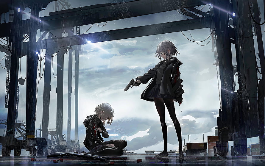 Anime Girl Holding Pistol Over Kneeling Figure in Rainy Industrial Setting HD wallpaper
