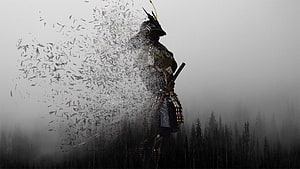 Samurai Warrior Dissolving Into Leaves In Misty Forest HD wallpaper
