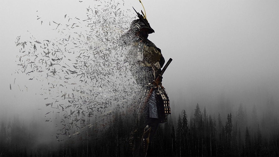 Samurai Warrior Dissolving Into Leaves In Misty Forest HD wallpaper