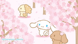 Cinnamoroll and Friends Enjoying a Spring Day Under Pink Cherry Blossom Trees HD wallpaper