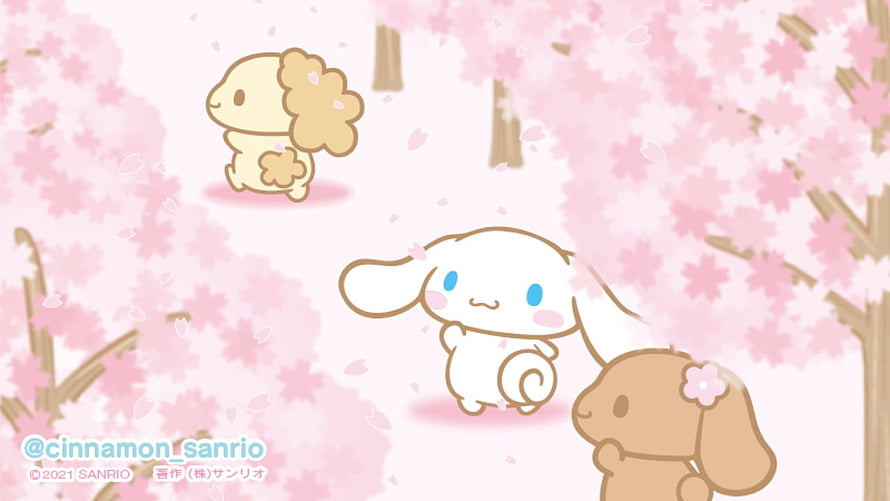 Cinnamoroll and Friends Enjoying a Spring Day Under Pink Cherry Blossom Trees HD wallpaper