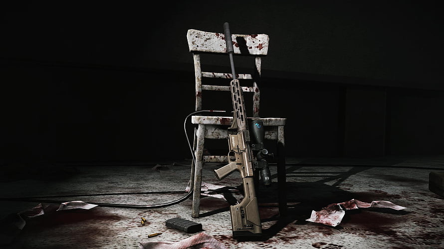 Escape From Tarkov Tactical Rifle Leaning Against Blood-Stained Chair in Dark Room HD wallpaper
