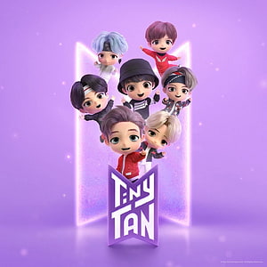 Tiny Tan BTS 3D Chibi Characters on Purple Background HD phone wallpaper