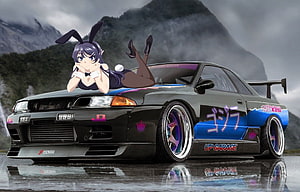 Nissan Skyline R34 GT-R with anime bunny girl character on hood, custom widebody kit, purple and blue livery, mountain background HD wallpaper