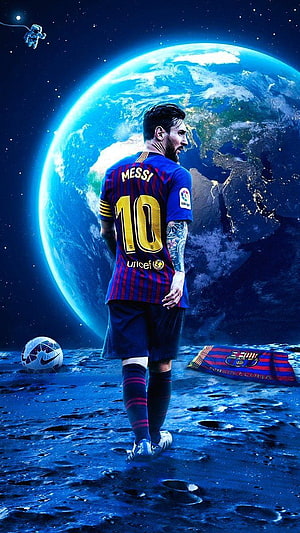 Lionel Messi in Barcelona Kit Standing on Lunar Surface with Earth in Background HD phone wallpaper