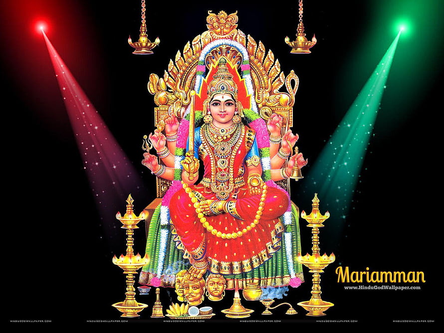 Mariamman Hindu Goddess Digital Art with Golden Lamps and Colorful Spotlights, Mariamman, #amman HD wallpaper