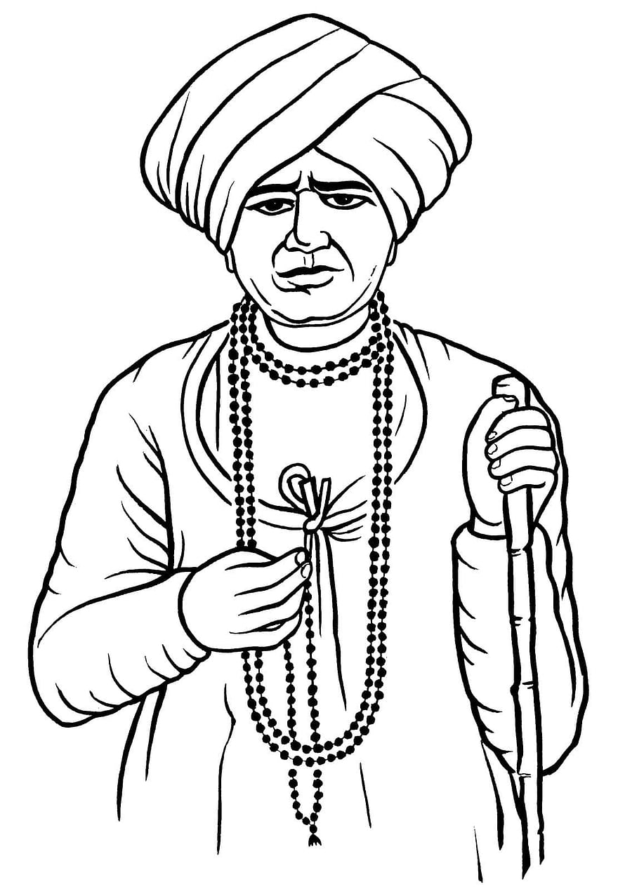 Jalaram Bapa Line Art Portrait with Turban and Prayer Beads HD phone wallpaper