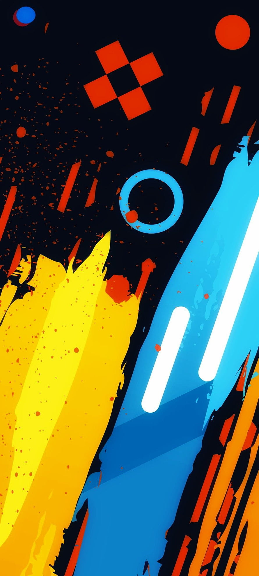 Abstract Geometric Art With Vibrant Yellow Blue And Orange Shapes On Dark Background HD phone wallpaper