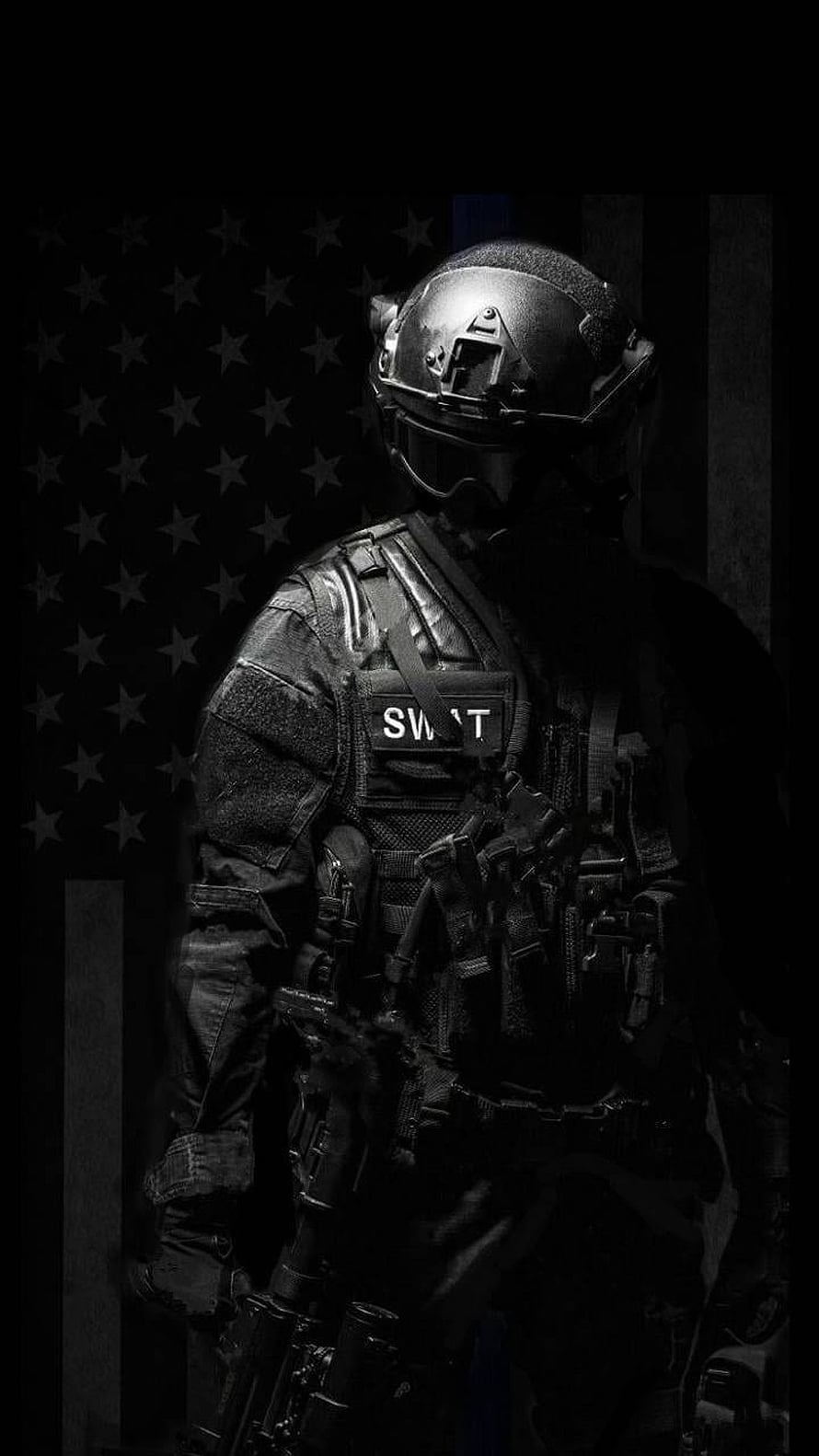 Tactical SWAT Officer in Full Gear Standing Before American Flag HD phone wallpaper