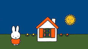 Miffy the Rabbit Standing Outside Her House with a Smiling Sun HD wallpaper