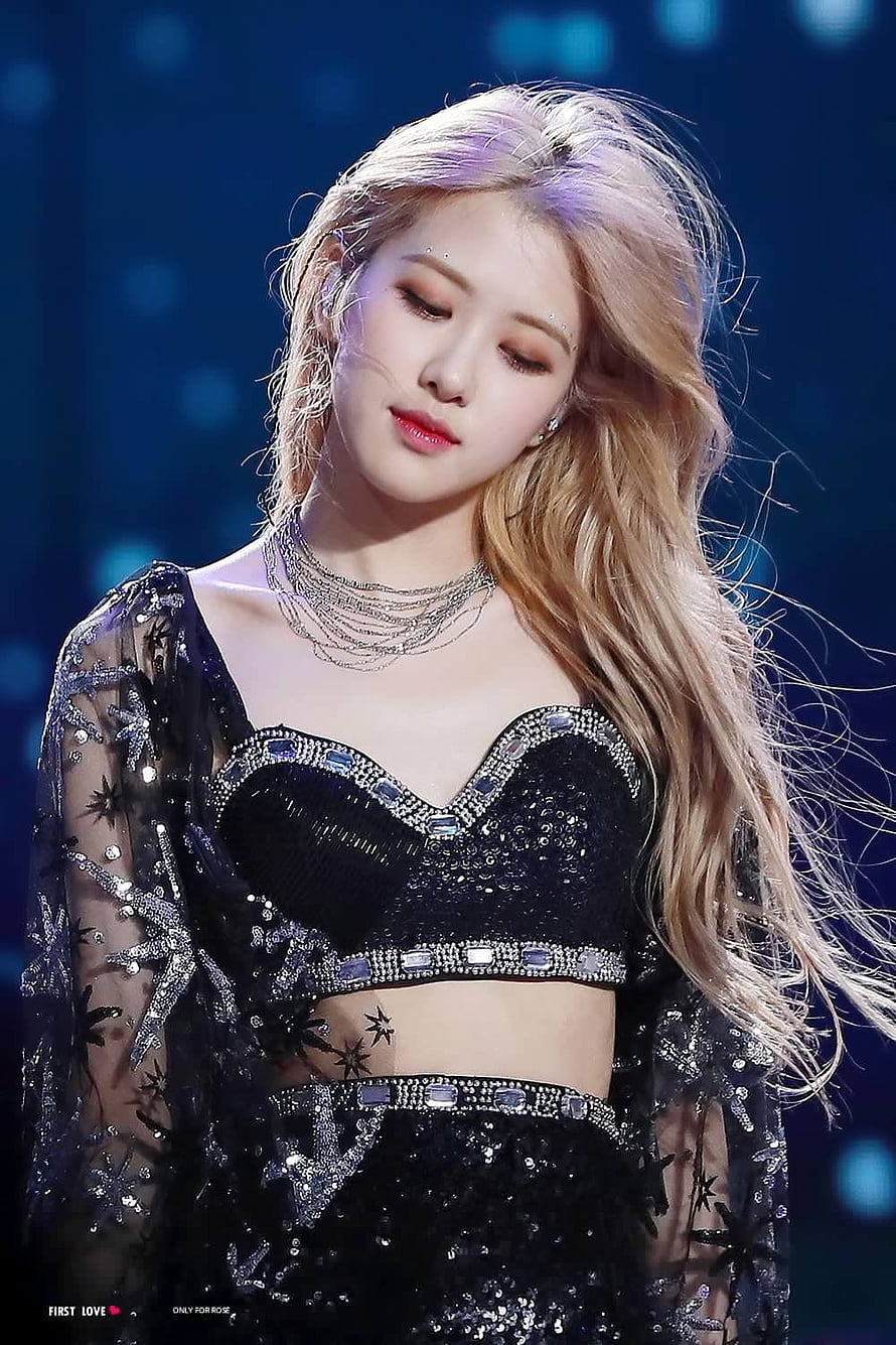 Rosé from Blackpink in a Sparkling Black Stage Outfit with Long Blonde Hair HD phone wallpaper