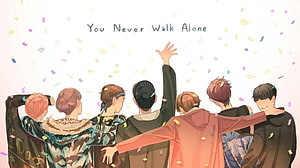 BTS Members Back View Illustration With Confetti And You Never Walk Alone Text HD wallpaper