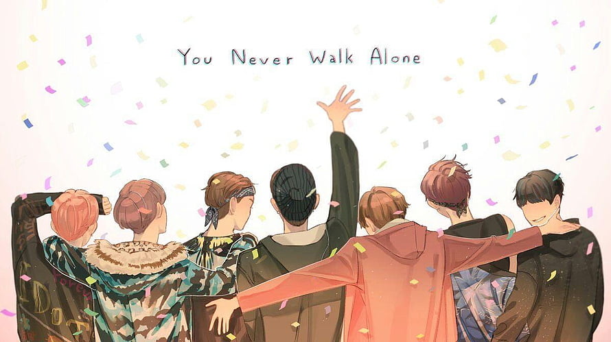 BTS Members Back View Illustration With Confetti And You Never Walk Alone Text HD wallpaper