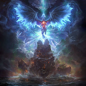 Xenojiva Dragon Perched on Volcanic Spire with Glowing Wings and Ethereal Light HD phone wallpaper