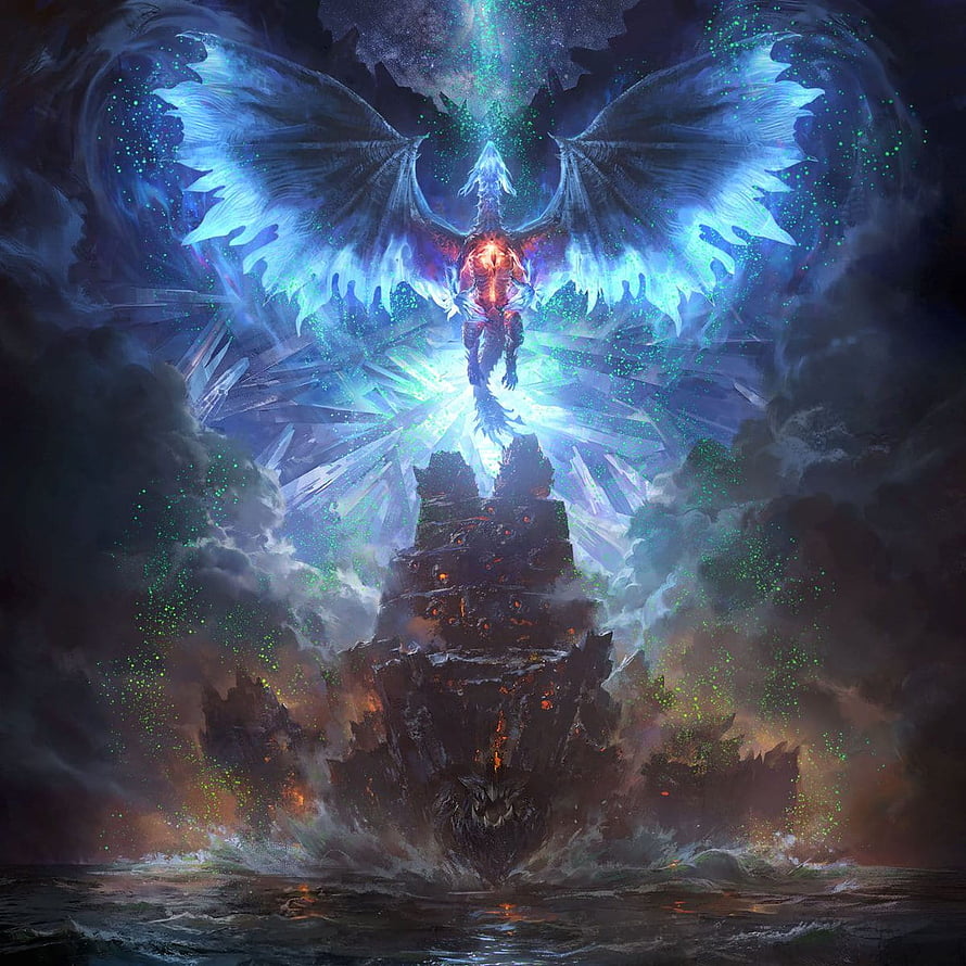 Xenojiva Dragon Perched on Volcanic Spire with Glowing Wings and Ethereal Light HD phone wallpaper