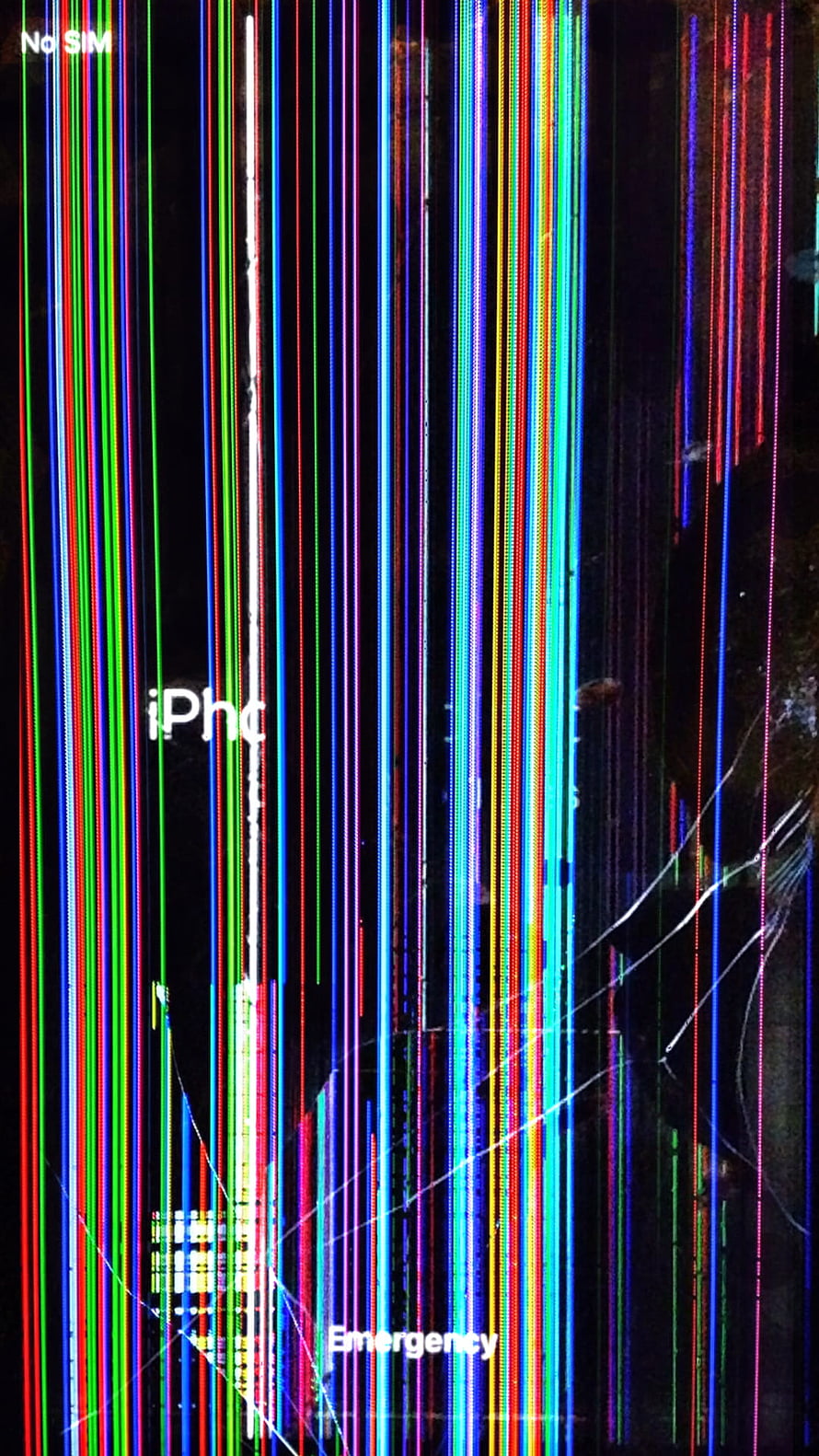 Cracked iPhone Display with Vertical RGB Glitch Lines and Emergency Call Interface HD phone wallpaper