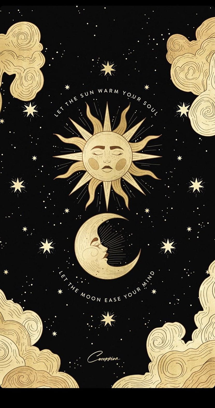 Golden Sun and Moon Celestial Illustration With Inspirational Quote On Black Background HD phone wallpaper