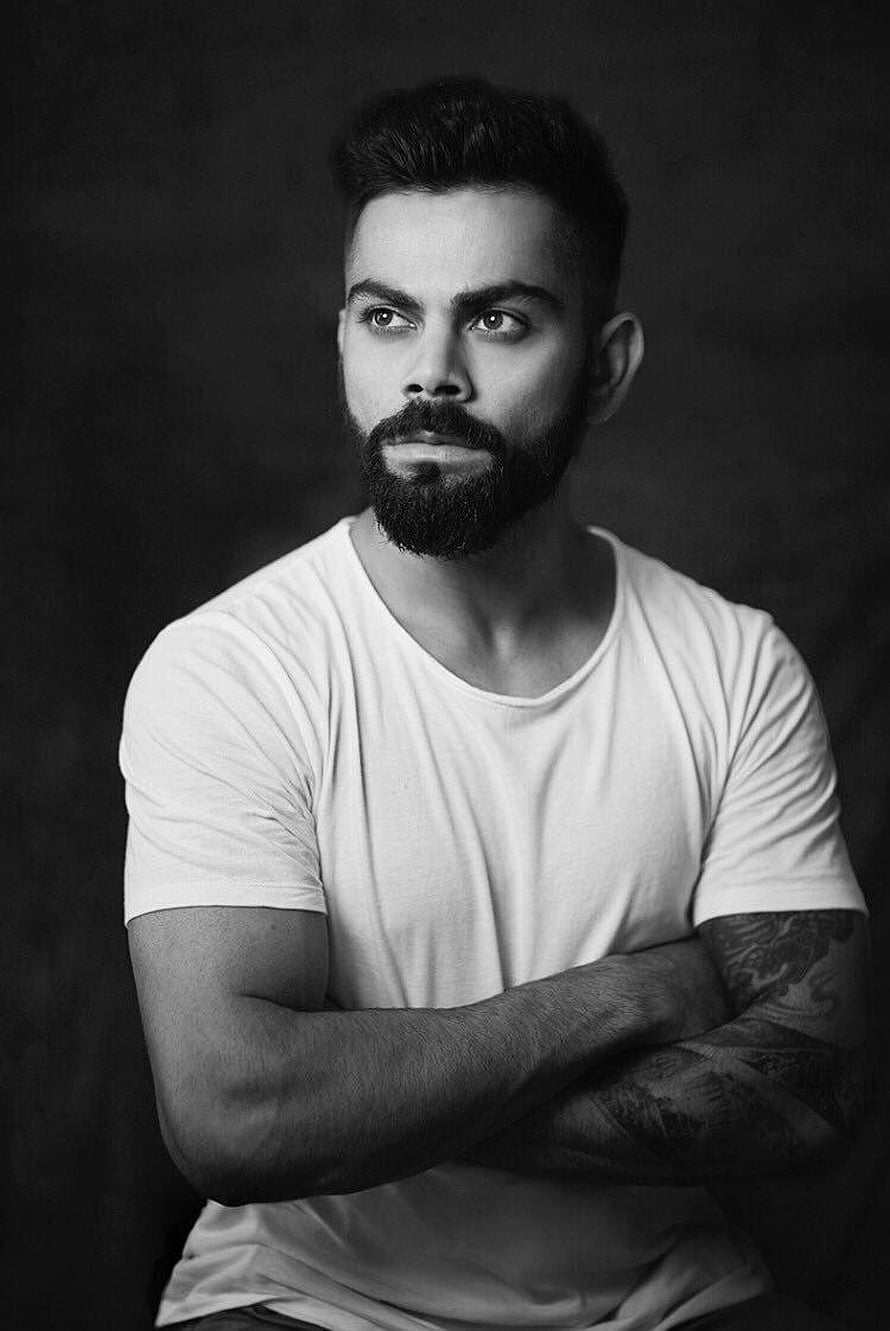 Virat Kohli Black And White Portrait With Beard And Tattooed Arms HD phone wallpaper