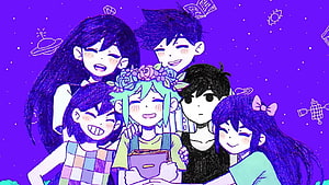 Anime Group of Friends Taking a Selfie in Space with Purple Background HD wallpaper
