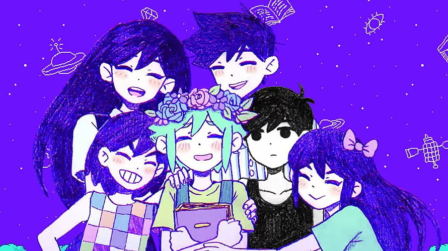 Anime Group of Friends Taking a Selfie in Space with Purple Background HD wallpaper