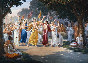 Sri Chaitanya Mahaprabhu Leading a Joyful Krishna Consciousness Kirtan Procession HD wallpaper