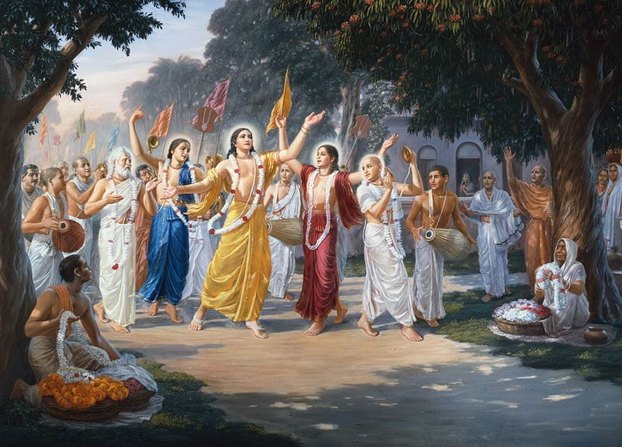 Sri Chaitanya Mahaprabhu Leading a Joyful Krishna Consciousness Kirtan Procession HD wallpaper